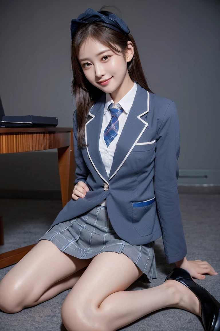 (8k), (highest quality: 1.2), (Realistic), (Realistic: 1.37), Ultra-high resolution, (1 girl), cute, blush,Embarrassed smile, Beautiful details, Beautiful Nose, straight Hair, Giant Dulcefo, pork, Thighs，Self Snap,University Uniforms,(A simple dark blue blazer:1.4),(Pleated skirt:1.2),(The skirt and tie are gray tartan check pattern.:1.3),(Sitting:1), Sit on the ground,(Hold my feet:1),(Shiny legs:1.2),from the front,knees