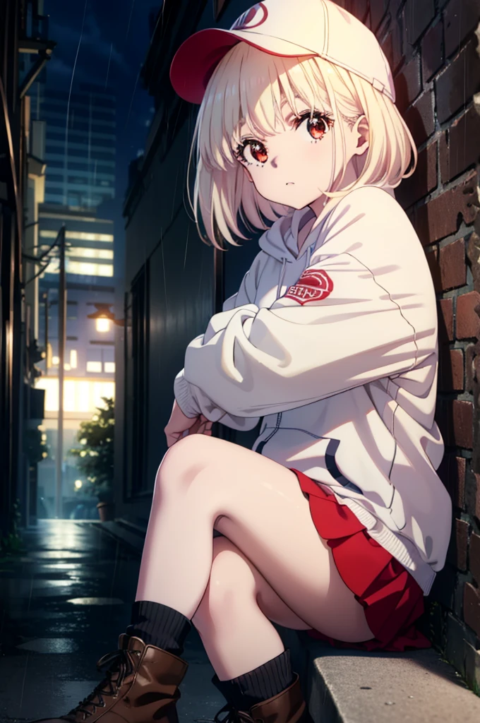 , Chisato Nishikigi, long, bangs, Blonde, (Red eyes:1.5), Baseball cap,Oversized red hoodie,mini skirt,Black knee socks,short boots,sitting leaning against the wall,rain,cloudy,Hide under the roof,whole bodyがイラストに入るように,
break outdoors, alley,
break looking at viewer, whole body,
break (masterpiece:1.2), Highest quality, High resolution, unity 8k wallpaper, (shape:0.8), (Beautiful attention to detail:1.6), extレムely detailed face, Perfect lighting, extレムely detailed CG, (Perfect hands, Perfect Anatomy),