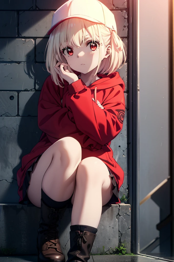 , Chisato Nishikigi, long, bangs, Blonde, (Red eyes:1.5), Baseball cap,Oversized red hoodie,mini skirt,Black knee socks,short boots,sitting leaning against the wall,rain,cloudy,Hide under the roof,whole bodyがイラストに入るように,
break outdoors, alley,
break looking at viewer, whole body,
break (masterpiece:1.2), Highest quality, High resolution, unity 8k wallpaper, (shape:0.8), (Beautiful attention to detail:1.6), extレムely detailed face, Perfect lighting, extレムely detailed CG, (Perfect hands, Perfect Anatomy),