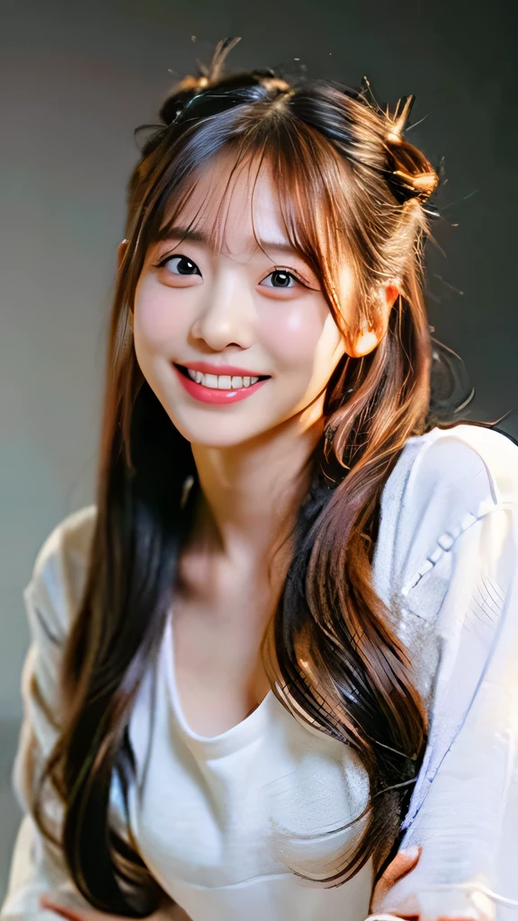 Highest quality,4K,8K,High resolution,Tabletop:1.2),Super detailed,(Realistic,Photorealisticです,Photorealistic:1.37),Beautiful and delicate blue eyes,long black hair in a high bun,detailed red veil,Sharp focus,Professional,Vibrant colors,Dark Background,Studio Lighting、smile、Wearing a T-shirt、Buttocks facing sideways、The chest is this way、Leaning forward、The face is facing this way、smile