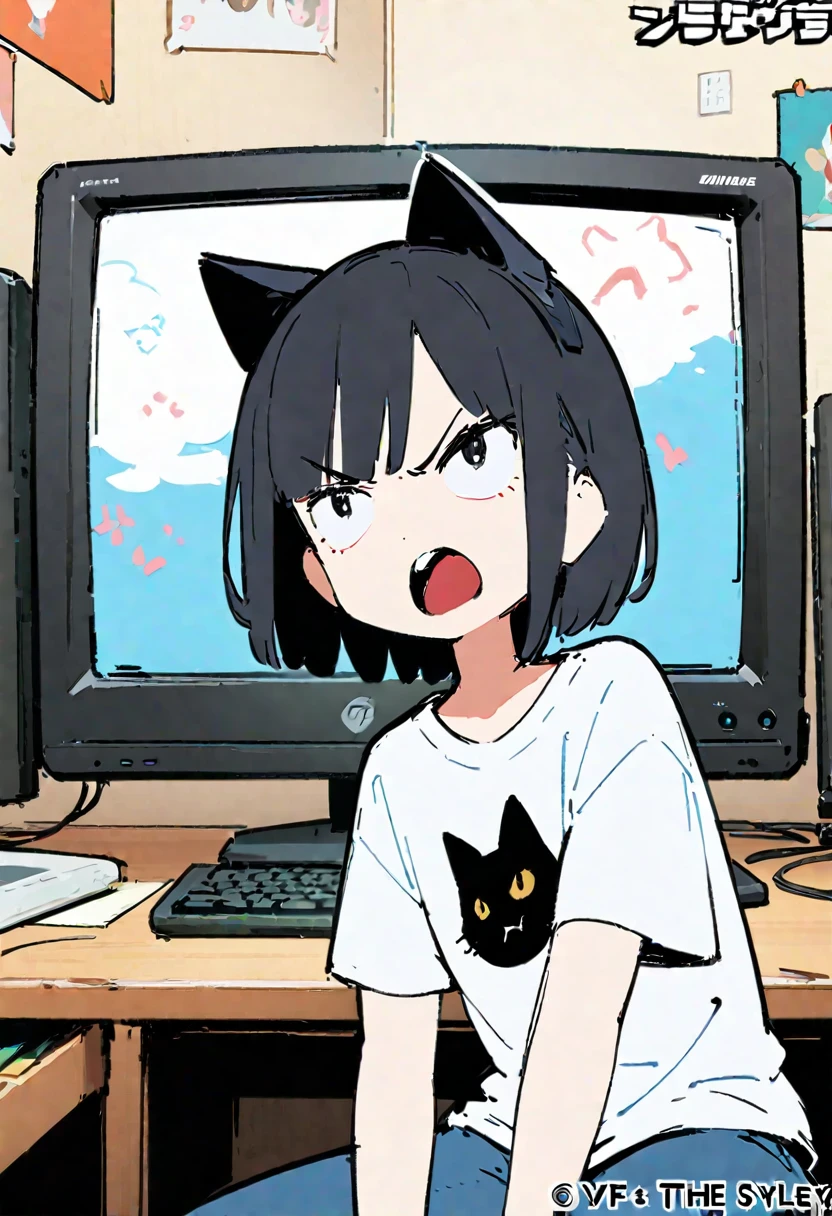 ((Angry expression,Mouth open)),(Thick painting style),Bold line, ((masterpiece,)),(((Highest quality))),(sketch),((Woman in her 20s)),Short black hair,Black cat ears,T-Shirts,jeans,(((Character Portrait,Full Art,If the monitor is5There are,room))),Messy Machine,