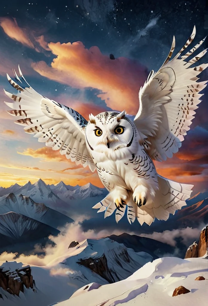 Snow owl, Flying, snow scene background, , Mysterious clouds, expression of surprise, incredible views, Unavailable, in the sky, legend, stars illuminating the night sky, Fly free, adventure, terraces, High mountains, Amazing sunset, Fly as much as you want, Through the clouds, Spirit of adventure, Shocking scene with wings spread, Huge starry sky, fusion of tradition and modernity./masterpiece Illustration, high quality, 8k, high resolution, watercolor, ink, sketch 