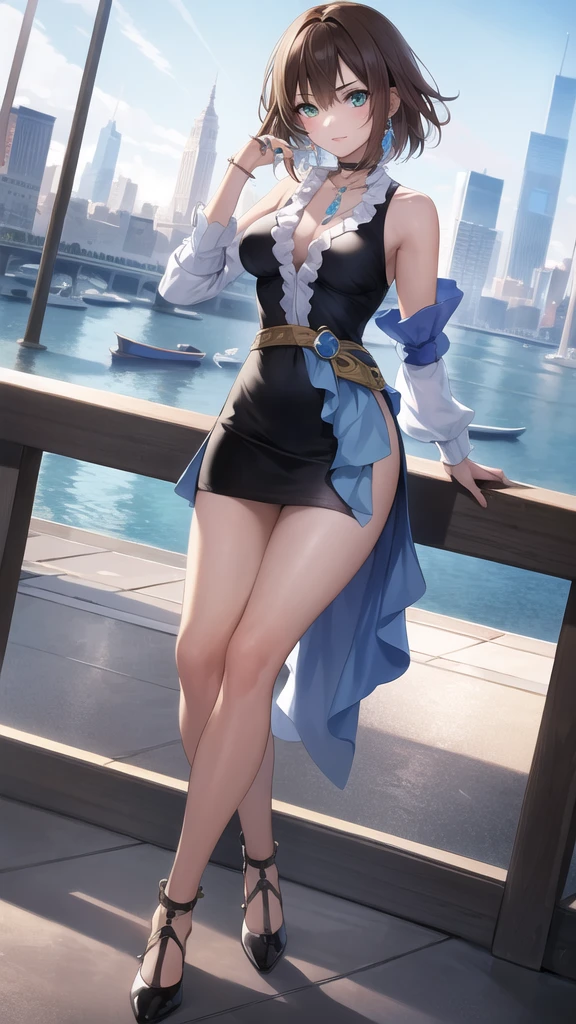 best quality,masterpiece,8k wallpaper,absurdres, highres, ultra detailed, (ung beautiful girl, solo:1.1), yuna (ff10),heterochromia, green eyes, brown hair, short hair, blue eyes, jewelry, ring,dress shirt,overall skirt,hand between legs,cityscape, skyscraper,east_asian_architecture, street,BREAK