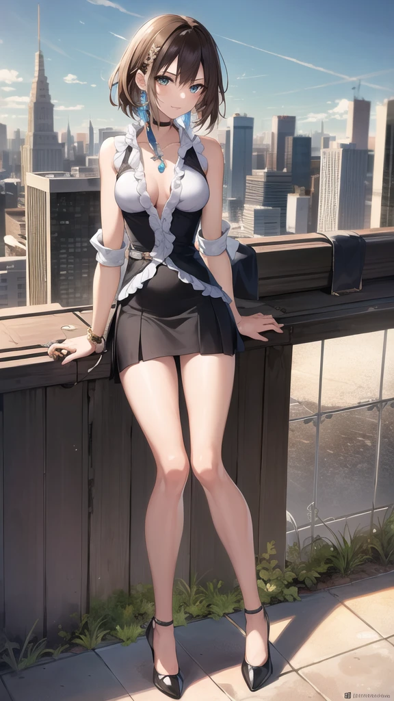 best quality,masterpiece,8k wallpaper,absurdres, highres, ultra detailed, (****ung beautiful girl, solo:1.1), yuna (ff10),heterochromia, green eyes,  brown hair, short hair, blue eyes, jewelry, ring,dress shirt,overall skirt,hand between legs,cityscape, skyscraper,east_asian_architecture, street,BREAK