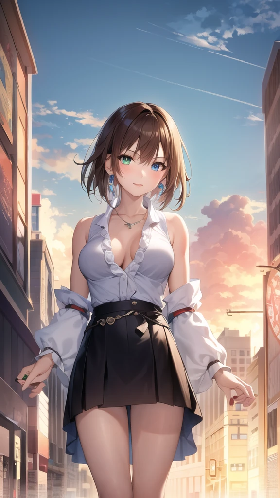 best quality,masterpiece,8k wallpaper,absurdres, highres, ultra detailed, (****ung beautiful girl, solo:1.1), yuna (ff10),heterochromia, green eyes,  brown hair, short hair, blue eyes, jewelry, ring,dress shirt,overall skirt,hand between legs,cityscape, skyscraper,east_asian_architecture, street,BREAK