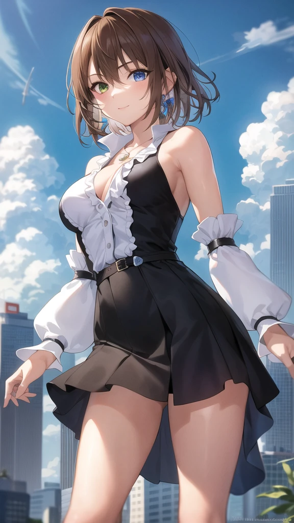 best quality,masterpiece,8k wallpaper,absurdres, highres, ultra detailed, (****ung beautiful girl, solo:1.1), yuna (ff10),heterochromia, green eyes,  brown hair, short hair, blue eyes, jewelry, ring,dress shirt,overall skirt,hand between legs,cityscape, skyscraper,east_asian_architecture, street,BREAK