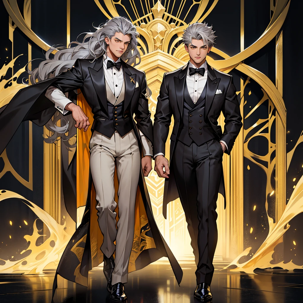 A 15 year old boy, just a boy, just a boy, weak body, fragile body, no muscles, big gray hair, gray hair, very big hair, extremely big hair, big hair, yellow eyes, suit, wearing black suit, tuxedo, wearing tuxedo, medieval background, medieval era, Ultra HD 4k, 4k, Ultra HD