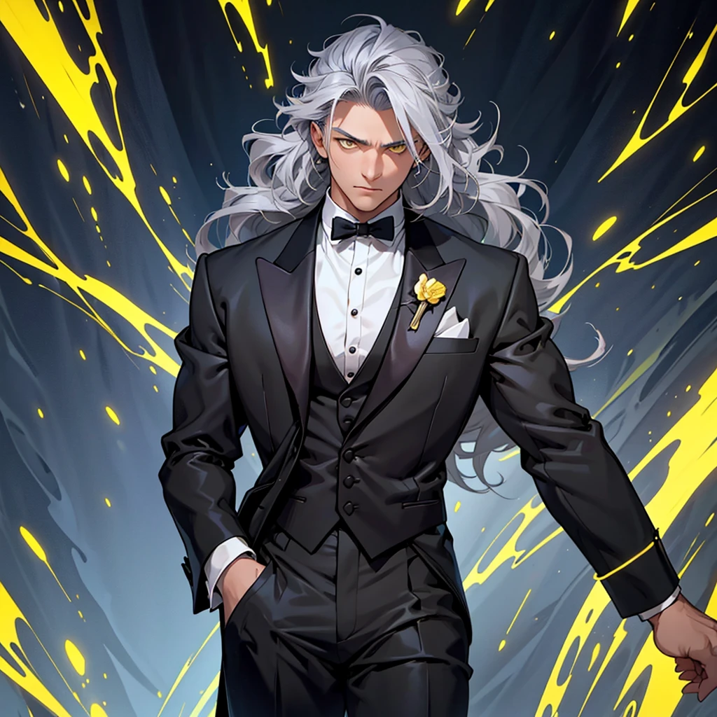 A 15 year old boy, just a boy, just a boy, weak body, fragile body, no muscles, big gray hair, gray hair, very big hair, extremely big hair, big hair, yellow eyes, suit, wearing black suit, tuxedo, wearing tuxedo, medieval background, medieval era, Ultra HD 4k, 4k, Ultra HD