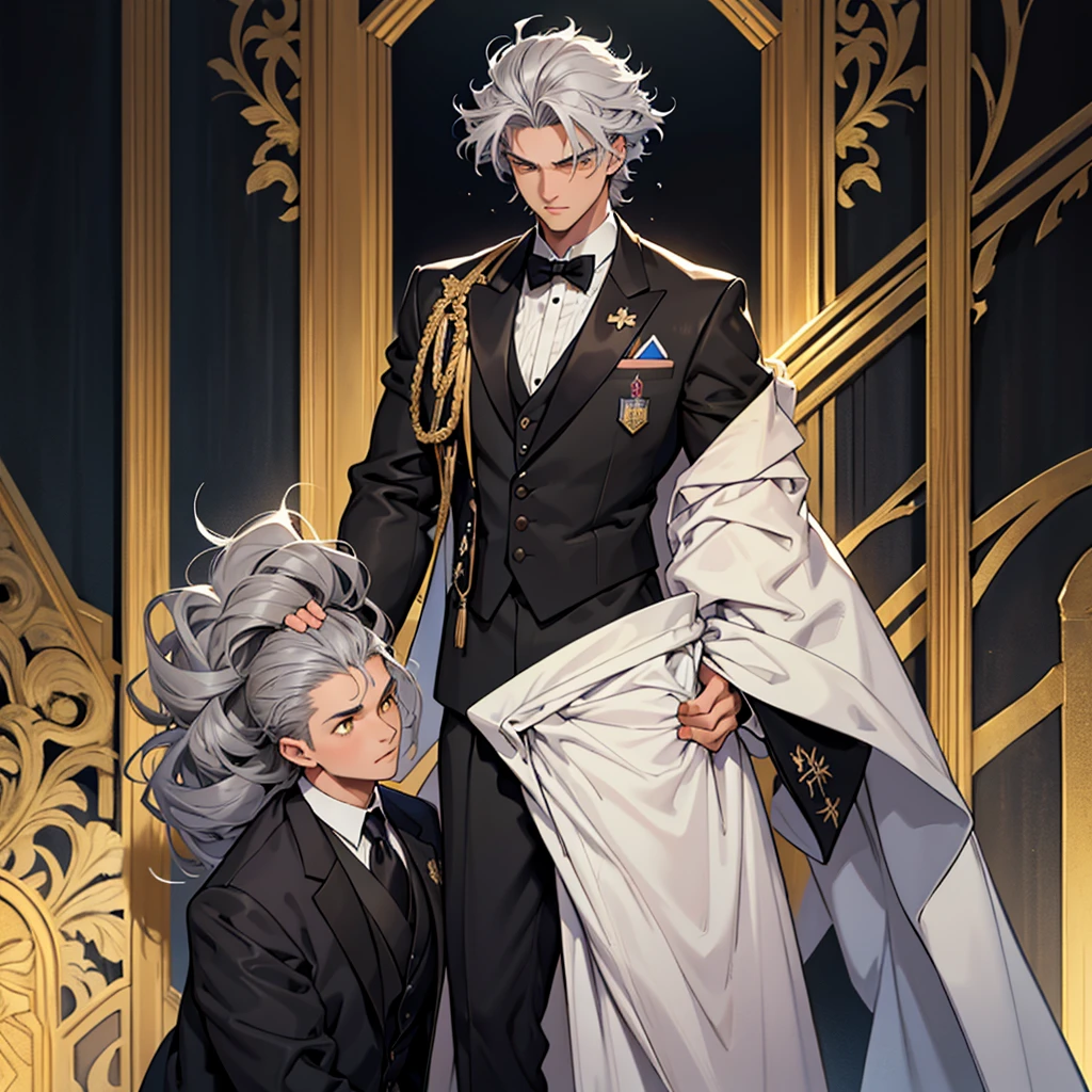 A 15 year old boy, just a boy, just a boy, weak body, fragile body, no muscles, big gray hair, gray hair, very big hair, extremely big hair, big hair, yellow eyes, suit, wearing black suit, tuxedo, wearing tuxedo, medieval background, medieval era, Ultra HD 4k, 4k, Ultra HD