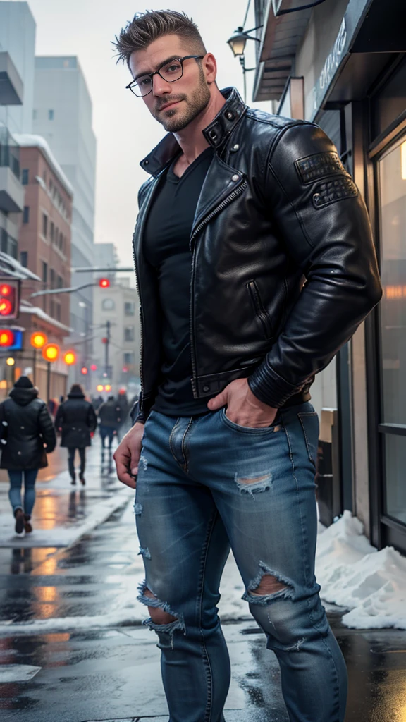 Award-winning original photo，a hansome 30yo man, Male Love，Very intimate，Wild muscle man, beard, Burly，Macho, blue eyes, leather Jacket, Excellent J8, dirty jeans pants, Standing happily on the street, wearing glasses, standing on a snow city streets, Cold atmosphere, snow effects, Embrace, detailed bulge,hairy belly, charming chest on V-shirt, Close-up of face staring at camera，Perfect lips details, visible bulge line.