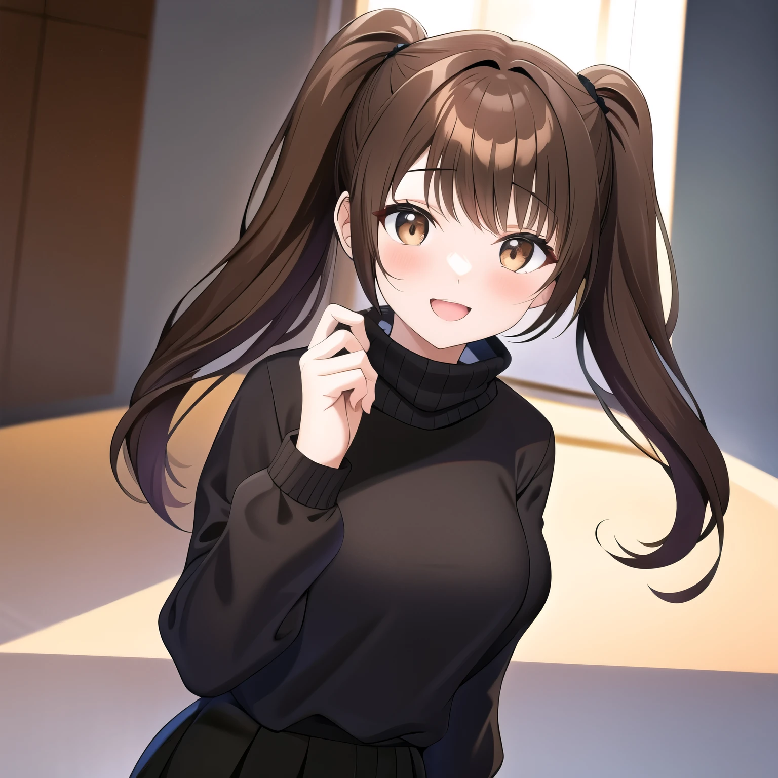 Twin tails、Brown Hair、turtleneck、Black Skirt、Viewer's perspective、Lucky Pervert、Harem