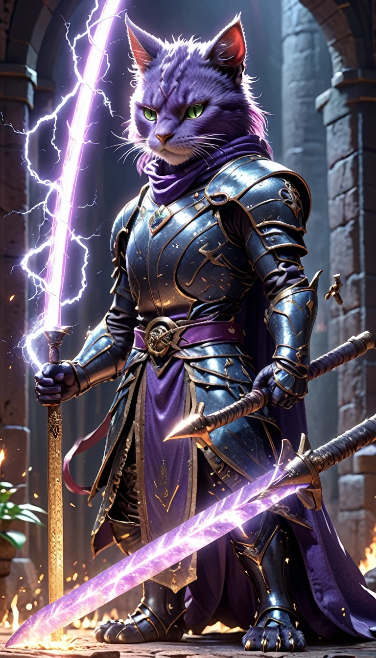 ((four characters)), (cat knight, black armor, holding a sword surrounded by flames), (monkey martial artist, striking a fighting pose with lightning fists), (bush dog samurai, black armor, holding a Japanese sword in each hand), (green parrot wizard, wizard's hat and robe, wand in each hand, with a purple magic circle coming out of the tip of his wand). ), in dungeon, twilight, 4K, 3dcg, sparks flying, high resolution, masterpiece, high quality, super detailed, ultra detailed, ultra realistic, fantasy world, dragon quest like world, medieval european world, drone with top angle, 3d fluffy, cute big round reflective eyes, Pixar rendering, Unreal Cinematic Smooth Engine, elaborate detail, Unreal