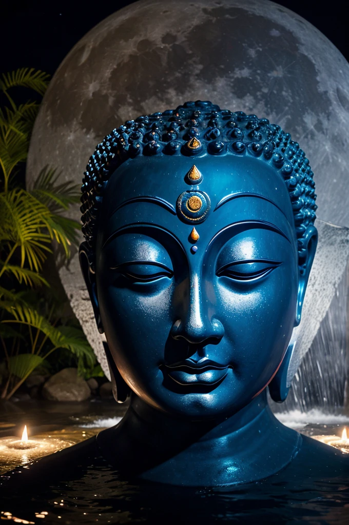 Lord Buddha detailed face ultra realistic, siting under water fall, meditation, moon light night, clear moon, 
