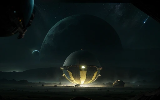 A nave espacial aterriza no planeta com montanhas enormes e de pouca vegetação curta no solo , está de dia. (( An illuminated spaceship in focus in the image )), is observing from afar a giant hostile and stormy planet in the infinite universe