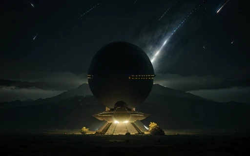 A nave espacial aterriza no planeta com montanhas enormes e de pouca vegetação curta no solo , está de dia. (( An illuminated spaceship in focus in the image )), is observing from afar a giant hostile and stormy planet in the infinite universe