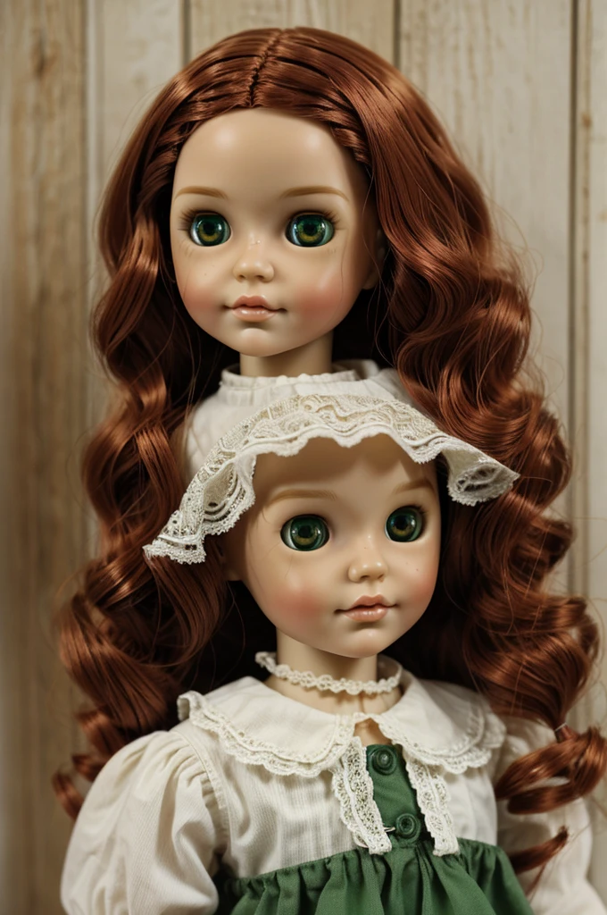 pale blythe doll, with short red wavy hair and green eyes. doll