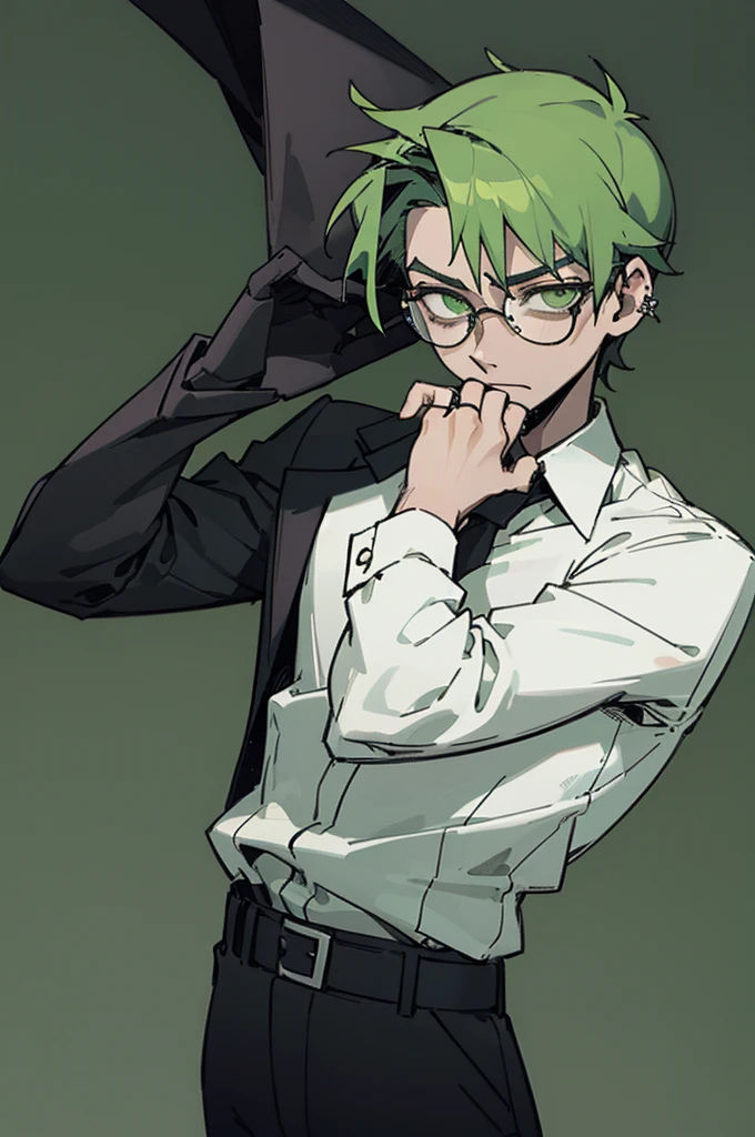 Male, guy, man, young, Tall, lean, skinny, piercing leaf green eyes, ring like eyes, dark green hair, well-kept hair, short hair, Stern expression, glasses, rectangle glasses, black and green suit, white undershirt, black pants, librarian, professional, mysterious, ((masterpiece:1.2)), simple background.