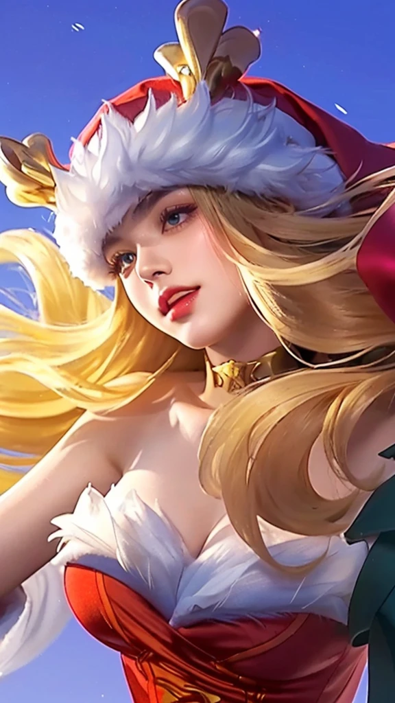 a close up portrait of a beautiful woman wearing a santa hat and a red dress, crystallike skin, iconic character splash art, cinematic lighting, dramatic colors, highly detailed, intricate, masterpiece, photorealistic, 8k, sharp focus, ultra-detailed, hyperrealistic, volumetric lighting, chiaroscuro, dramatic pose, elegant, radiant, mesmerizing, ethereal, glowing, ornate, luxurious