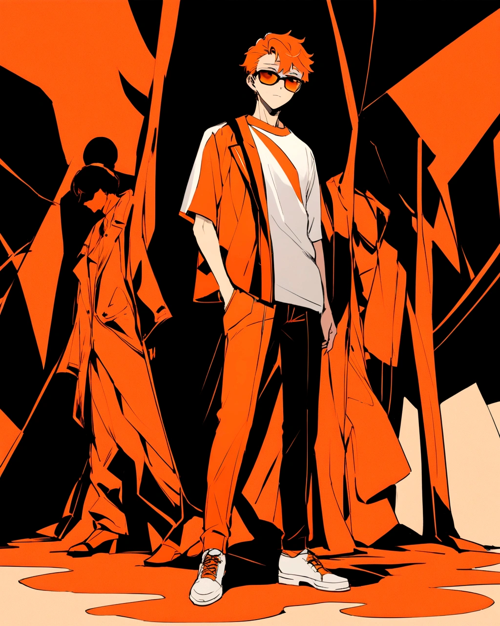 Create an anime-style illustration of a boy wearing an outfit predominantly colored in shades of orange. The outfit should include a stylish jacket, a t-shirt, pants, and shoes, all coordinated in various tones of orange. The background should be a plain, solid orange color that complements the outfit and maintains a cohesive and vibrant look."