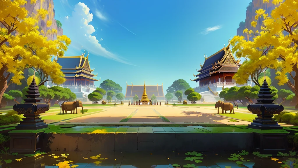 there is a painting of a courtyard with 2 gold elephants statue thailand and thailand temple, arena background, mobile game background, background art, background artwork, palace background, game background, temple background, volley court background, zen temple background, anime background art, royal garden background, amazing wallpaper, anime background, 2 d game art background, park background, anime scenery concept art, videogame background, Cassia fistula, far architect thailand, thailand temple, temple behind, thailand mood, thailand backgound