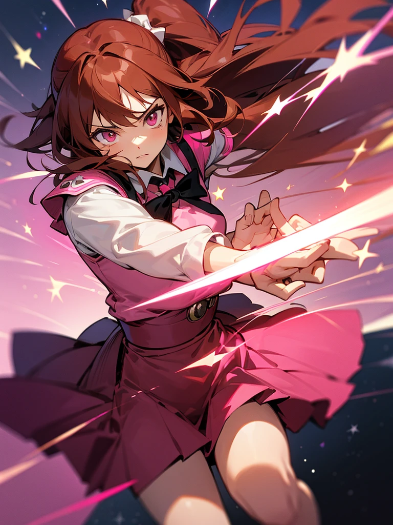 red-brown hair woman, night with stars, fighting with her super gun pink with your cat duo fighting, her eyes brown and her clothes a skirt pink and ribom pink 