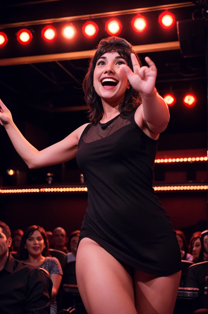 "Create an image of a stand-up comedian on stage, captivating the audience with their lively gestures and a microphone in hand, amidst a backdrop of dimly lit comedy club lights and scattered laughter from the audience."