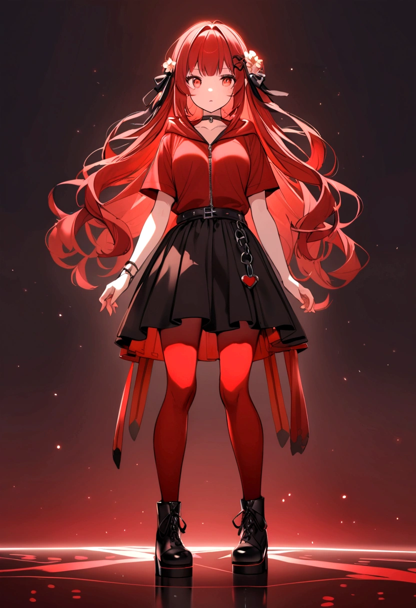 a Latina girl with a red skirt and a black skirt that is under the red shirt . red stockings . red zip up hoodie, black shirt underneath with short sleeves and ,red hair, long hair and a flower with a ribbon on the bottom on the side on the hair and red eyes has a black Choker , and a small heart red necklace , full body has a waistband