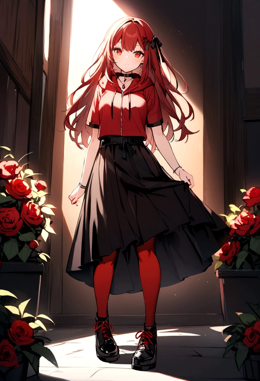a Latina girl with a red skirt and a  black skirt that is under  the red shirt . red stockings . red zip up hoodie, black shirt underneath with short sleeves and ,red hair, long hair and a flower with a ribbon on the bottom on the side on the hair  and red eyes has a black Choker , and a small heart red necklace   , full body has a  waistband