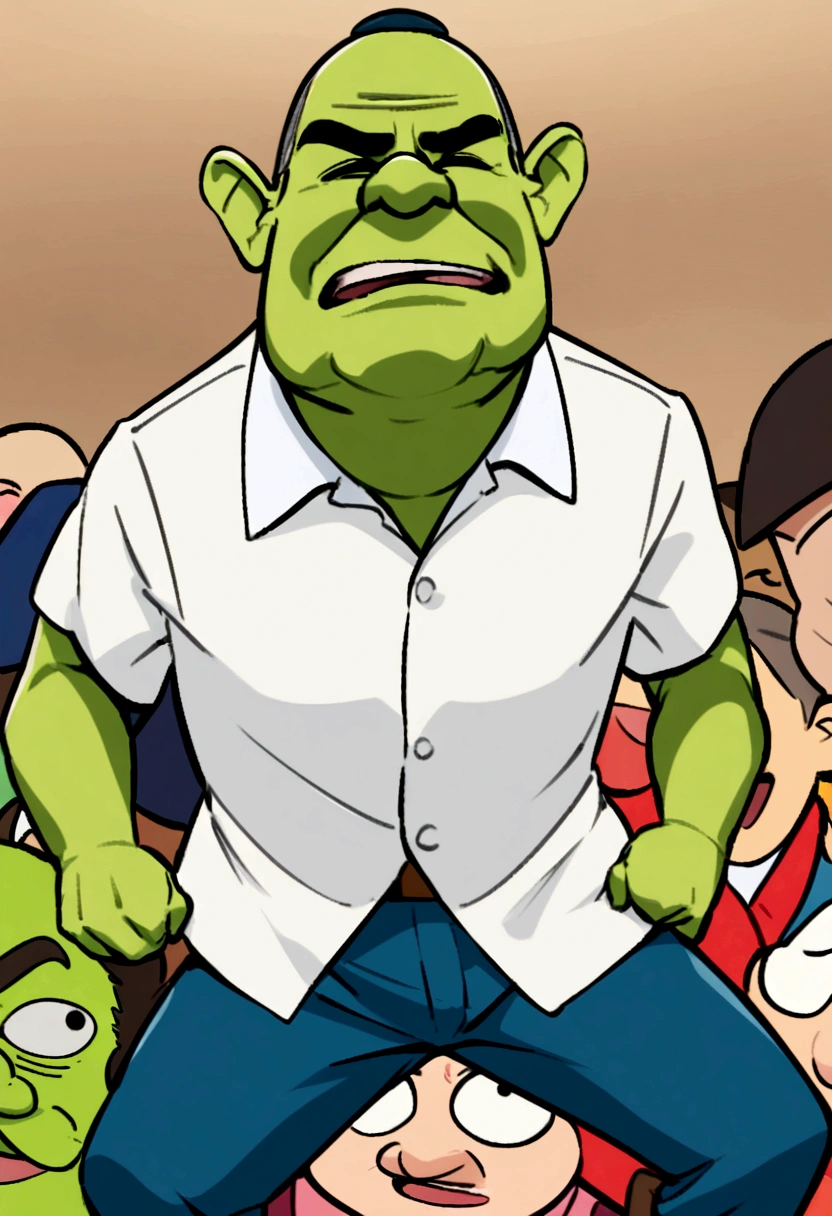 Shrek twerking on a group of kindergarteners, that all have guns. Each of the kindergarteners are wearing shirt's with president obama, and trumb, currently at war, at who is the best president in the world. Obama's side is winning.