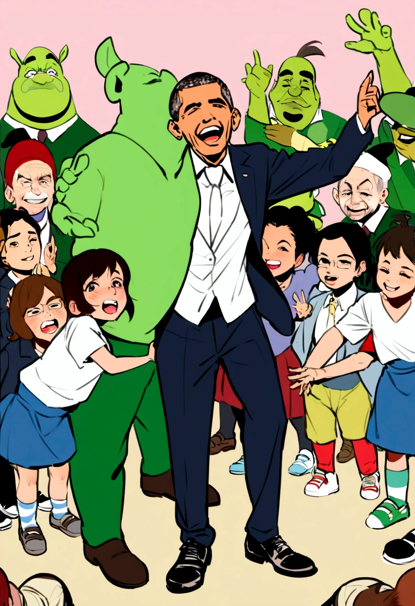 Shrek twerking on a group of kindergarteners, that all have guns. Each of the kindergarteners are wearing shirt's with president obama, and trumb, currently at war, at who is the best president in the world. Obama's side is winning.
