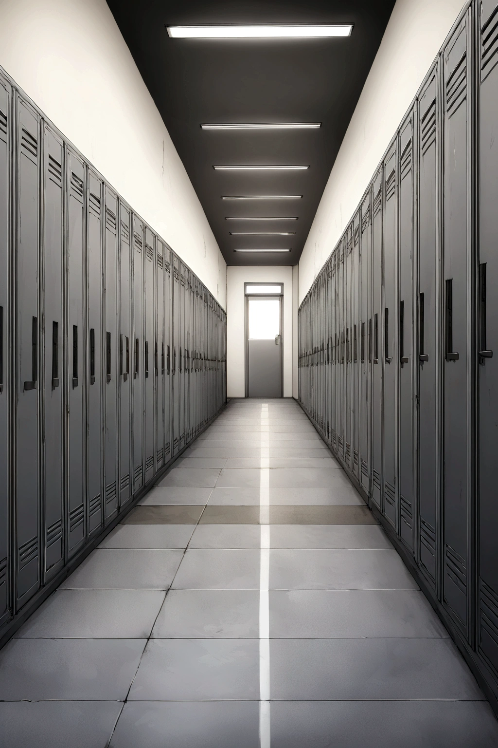 Exterior of a Japanese school hallway, a concrete sitting bench, without people, large metal lockers