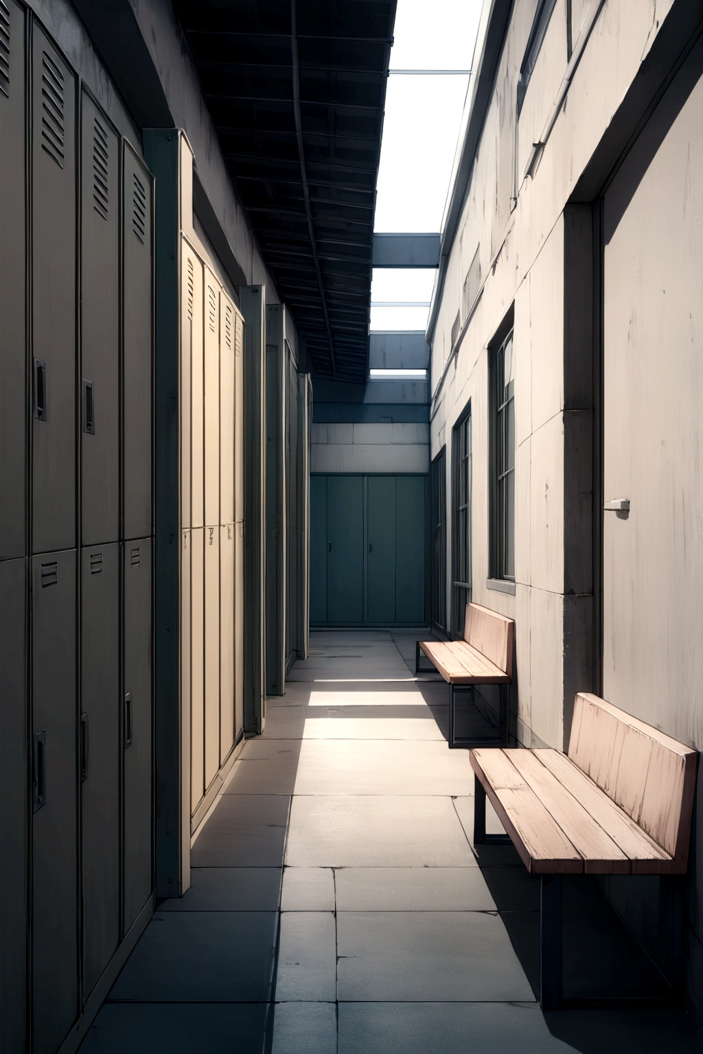Exterior of a Japanese school hallway, a concrete sitting bench, without people, large metal lockers