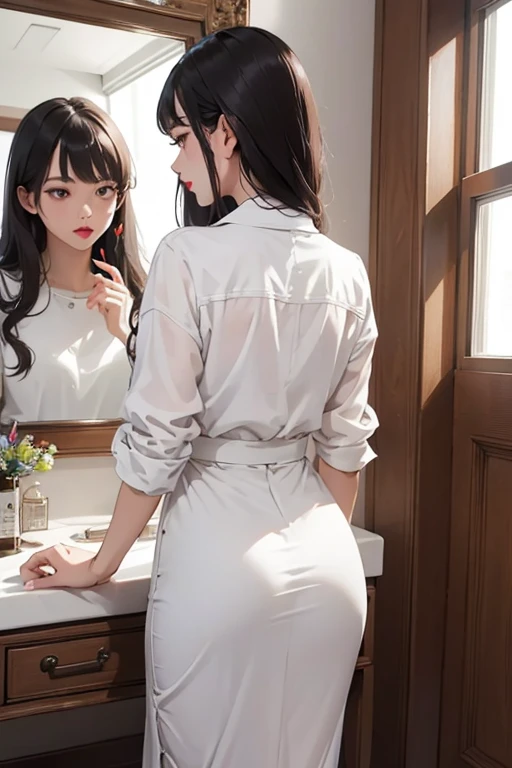 Highest quality、masterpiece、High sensitivity、High resolution、Detailed Description、Slender women、Slim Body、Casual clothes、To the dressing table、From the back、Looking at myself in the mirror、put on lipstick、