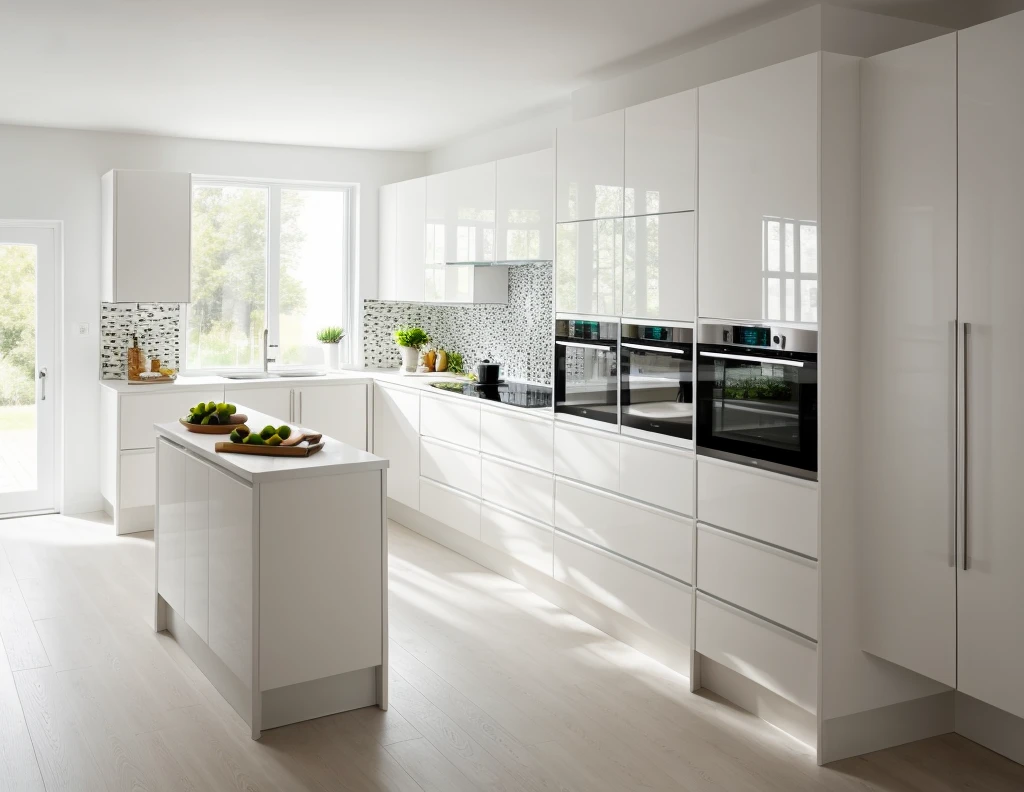 kitchen interior, modern style, white cabinet, neutral color scheme, beautiful lighting, ((window)), fridge, sink, (realistic:1.2), Raw photo, Masterpiece, high quality, best quality, authentic, super detail,