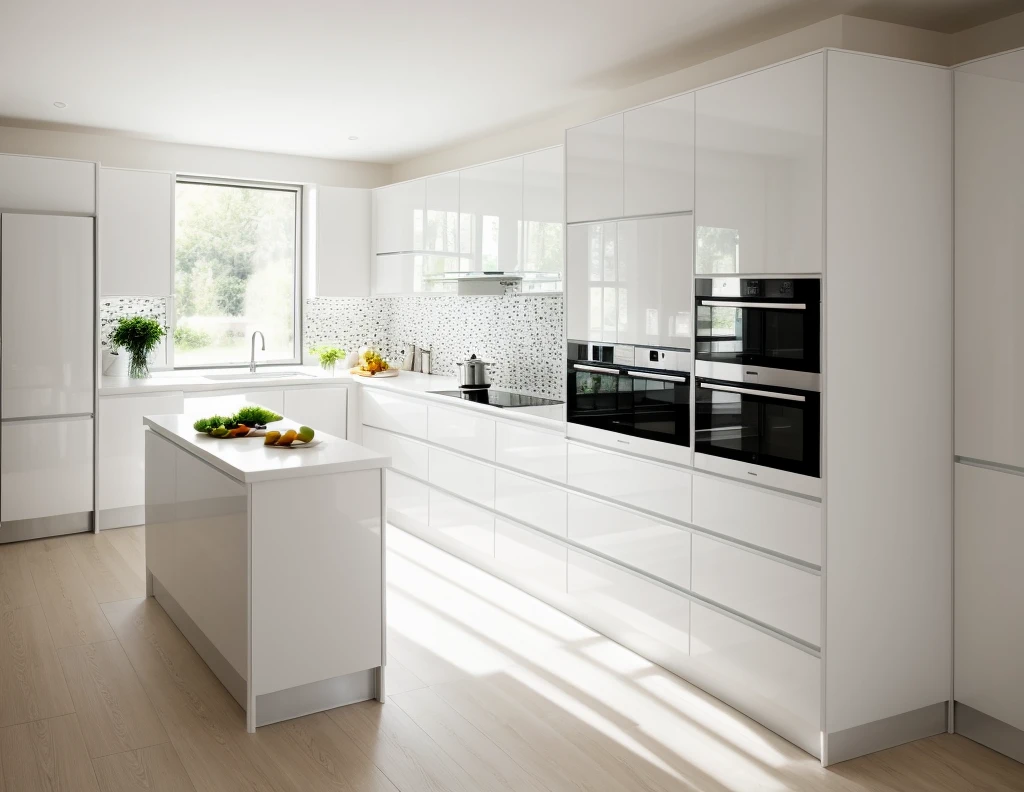 kitchen interior, modern style, white cabinet, neutral color scheme, beautiful lighting, ((window)), fridge, sink, (realistic:1.2), Raw photo, Masterpiece, high quality, best quality, authentic, super detail,