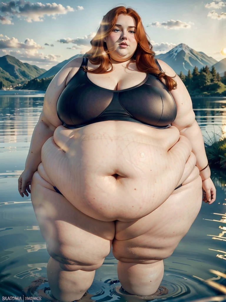 The most beautiful very obese young obese ussbbw fat redhead woman with long rich curly natural ginger hair, natural beautiful cute face, blue eyes, freckles on face and body, busty obese ussbbw fat feminine body, huge fat obese bloated soft belly, very wide hips and large fat booty, fat arms, thicc fat wide obese legs in a tight swimsuit in a lake at sunset