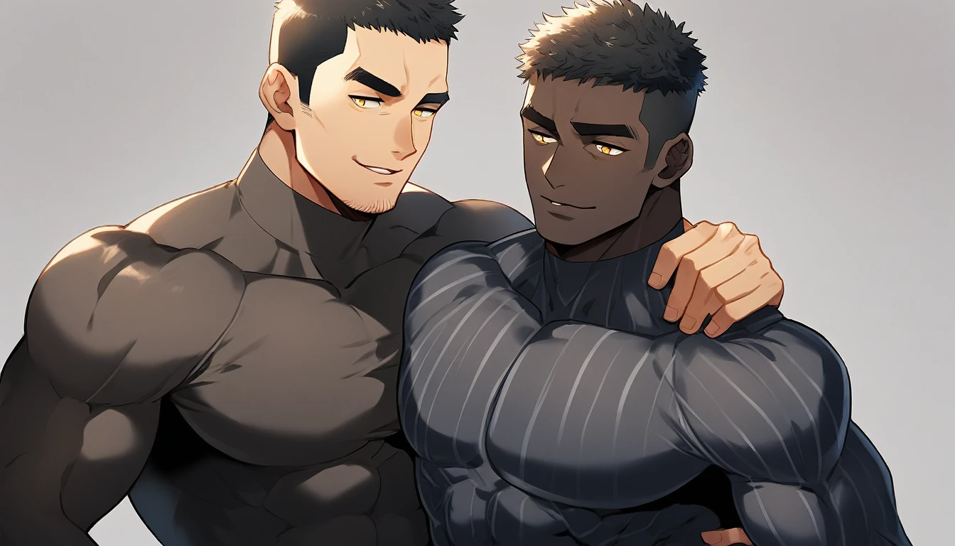 anime characters:Two superheroes in tights, Muscle superhero, negro black skin, They hugged and kissed each other, Caress, Manliness, male focus, Yellow and black striped high collar long sleeve tight T-shirt, Slightly transparent material, Very tight, Round, full and perky chest muscles, Male dog waist, Slightly transparent, muscular male, muscular, only, Upper body, alone, Black short hair, Thick eyebrows, stubble, Yellow eyes, Grey background, simple background, amazing quality, best aesthetics, Ridiculous, bright pupils, crew cut, parted lips, seductive smile, torogao, naughty face, drop shadow, best quality