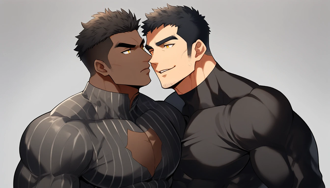 anime characters:Two superheroes in tights, Muscle superhero, negro black skin, They hugged and kissed each other, Caress, Manliness, male focus, Yellow and black striped high collar long sleeve tight T-shirt, Slightly transparent material, Very tight, Round, full and perky chest muscles, Male dog waist, Slightly transparent, muscular male, muscular, only, Upper body, alone, Black short hair, Thick eyebrows, stubble, Yellow eyes, Grey background, simple background, amazing quality, best aesthetics, Ridiculous, bright pupils, crew cut, parted lips, seductive smile, torogao, naughty face, drop shadow, best quality