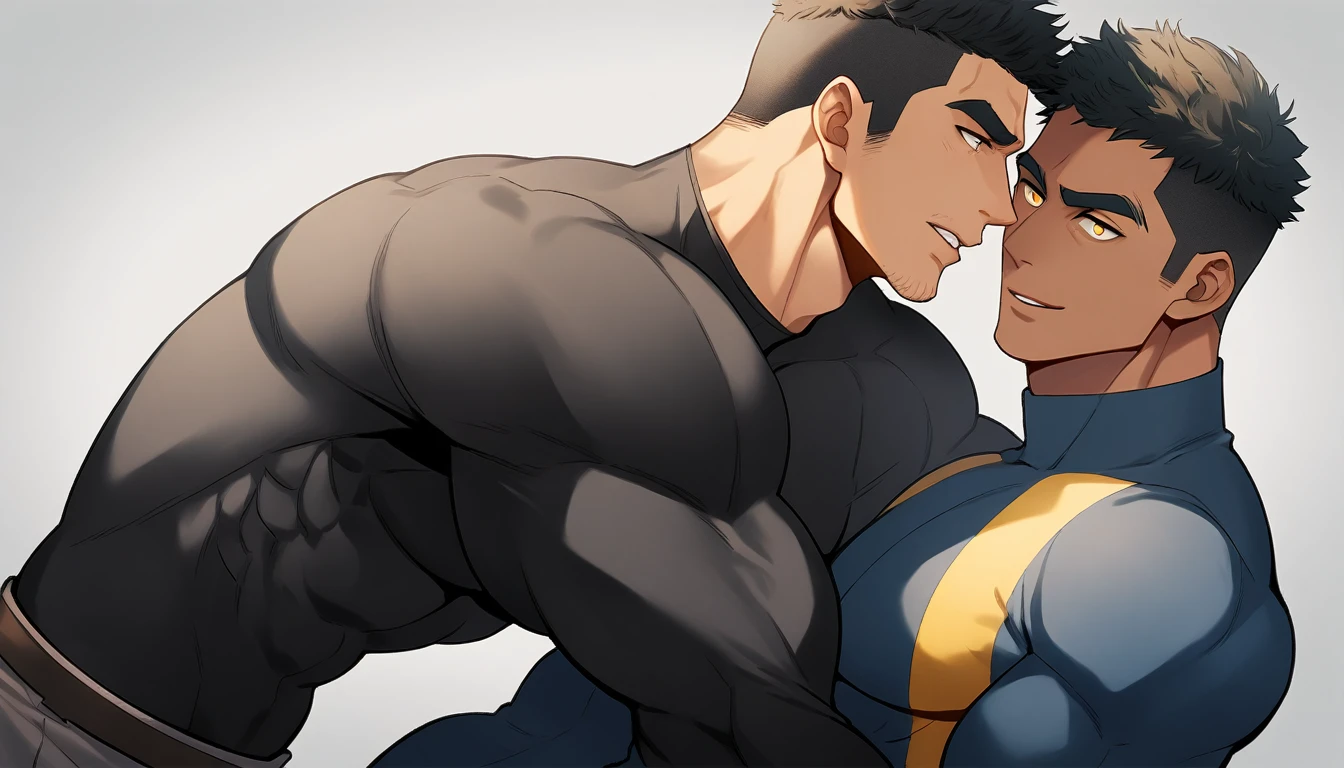 anime characters:Two superheroes in tights, Muscle superhero, negro black skin, They hugged and kissed each other, Caress, Manliness, male focus, Yellow and black striped high collar long sleeve tight T-shirt, Slightly transparent material, Very tight, Round, full and perky chest muscles, Male dog waist, Slightly transparent, muscular male, muscular, only, Upper body, alone, Black short hair, Thick eyebrows, stubble, Yellow eyes, Grey background, simple background, amazing quality, best aesthetics, Ridiculous, bright pupils, crew cut, parted lips, seductive smile, torogao, naughty face, drop shadow, best quality