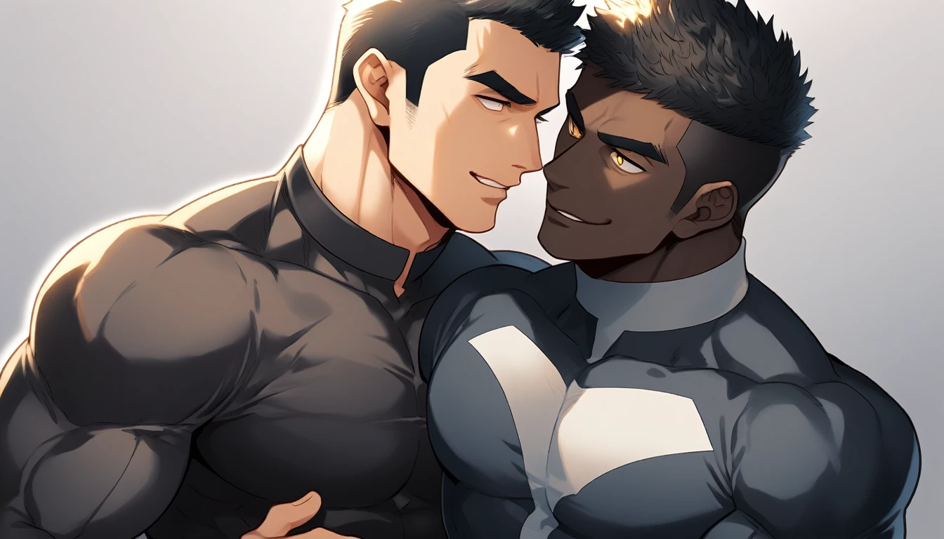 anime characters:Two superheroes in tights, Muscle superhero, negro black skin, They hugged and kissed each other, Caress, Manliness, male focus, Yellow and black striped high collar long sleeve tight T-shirt, Slightly transparent material, Very tight, Round, full and perky chest muscles, Male dog waist, Slightly transparent, muscular male, muscular, only, Upper body, alone, Black short hair, Thick eyebrows, stubble, Yellow eyes, Grey background, simple background, amazing quality, best aesthetics, Ridiculous, bright pupils, crew cut, parted lips, seductive smile, torogao, naughty face, drop shadow, best quality