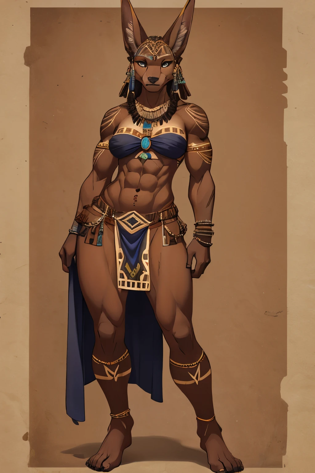 Athletic muscular jackal girl, African, with dark skin, smooth skin, brown body, sexy, entire body cover in tattoos, barefoot; tribal, zulu, savage, female, dressed in loincloth, exotic, anthro