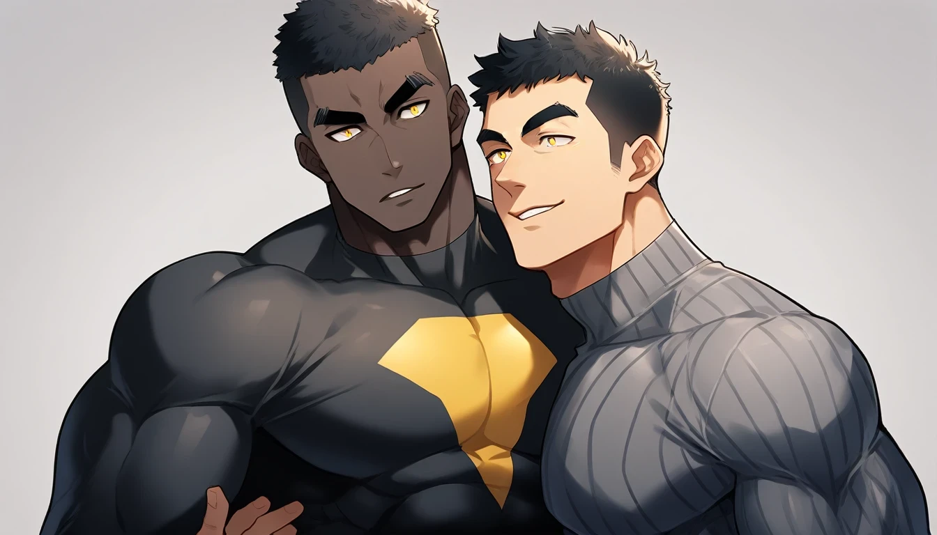 anime characters：Two superheroes in tights, Muscle superhero, negro black skin, They hugged and kissed each other, Caress, Manliness, male focus, Yellow and black striped high collar long sleeve tight T-shirt, Slightly transparent material, Very tight, Round, full and perky chest muscles, Male dog waist, Slightly transparent, muscular male, muscular, only, Upper body, alone, Black short hair, Thick eyebrows, stubble, Yellow eyes, Grey background, simple background, amazing quality, best aesthetics, Ridiculous, bright pupils, crew cut, parted lips, seductive smile, torogao, naughty face, drop shadow, best quality