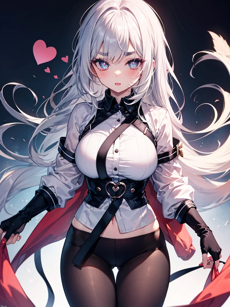 mature_female,silver hair,lipstick,eyeshadow,long_eyelashes,thick eyebrows,ahegao,jitome,heart-shaped_pupils,black_pantyhose,fingerless_gloves,,long hair,shirt