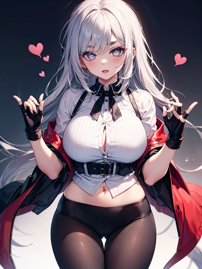 mature_female,silver hair,lipstick,eyeshadow,long_eyelashes,thick eyebrows,ahegao,jitome,heart-shaped_pupils,black_pantyhose,fingerless_gloves,,long hair,shirt