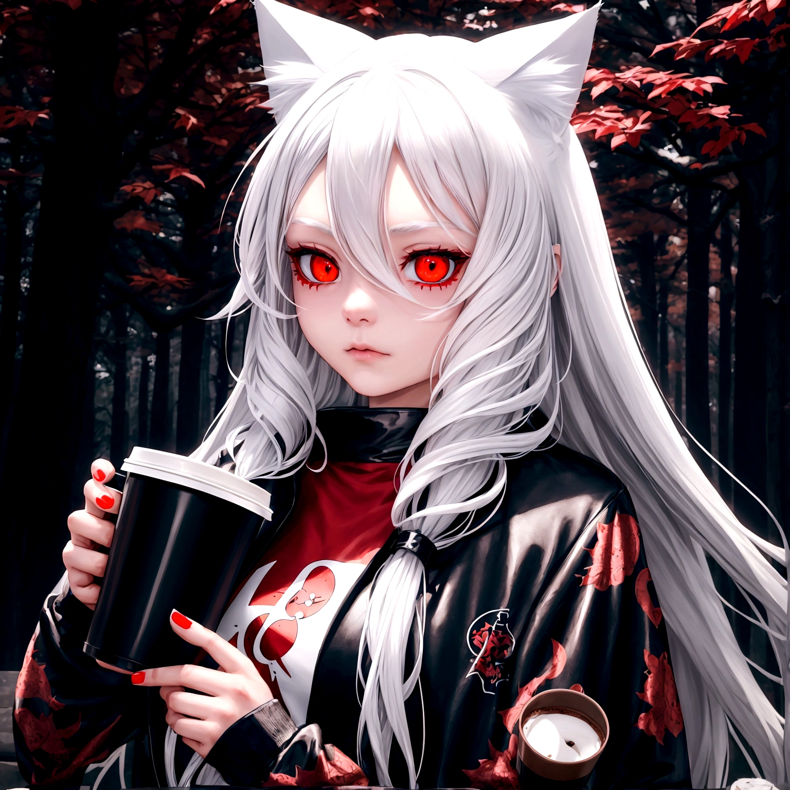 1 girl, beautiful, cool, long hair, white hair, cat ear, red eye, black jacket, red t-shirt, holding a coffee, nature place, masterpiece, detailed, no glitch