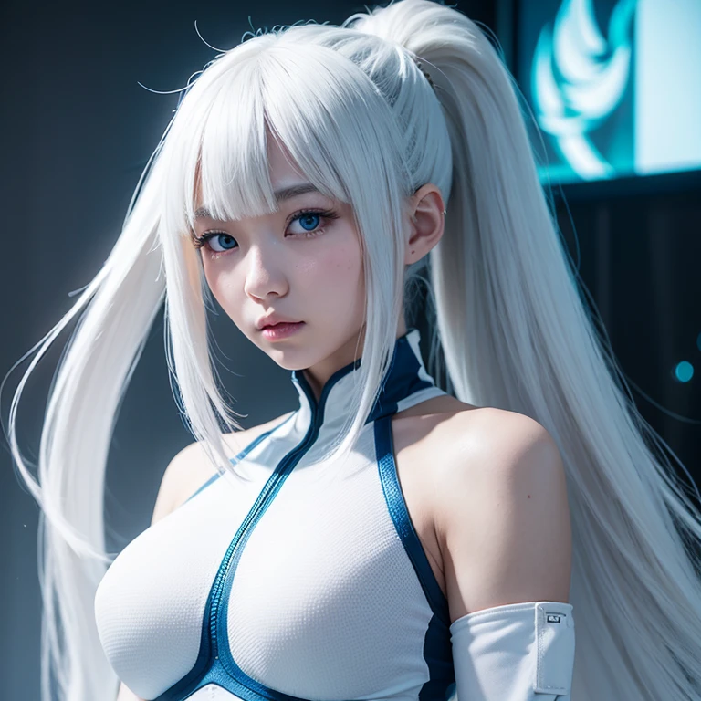 Korean girl, white long hair with bangs, icy blue eyes, white skin, white skimpy ninja suit, video game style, mortal kombat style