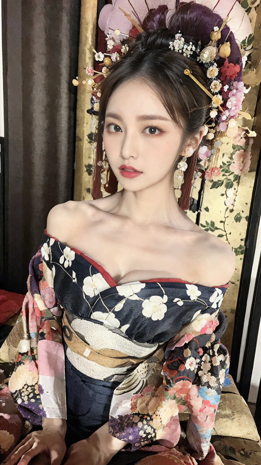 Updo, One girl, Very beautiful, very cute, Great face and eyes, (Big round eyes:1.15), Very calm look, (Highly detailed beautiful face), (Courtesan style beautiful and Cute floral kimono:1.5), (Bare shoulders:1.3), (Highest quality:1.4), (Super detailed), (Ultra-realistic, Photorealistic:1.37), Beautiful white skin, Highly detailed CG synthesis 8k wallpaper, RAW Photos, Professional photography, Cinema Lighting, Sitting, Spread your legs wide, (Groin Groove, Private area:1.2), Look at me, (Beautiful floral wallpaper), Bedroom, futon, pillow, dark Bedroom, Candlelight, Peaceful atmosphere, (Courtesan style:1.4),