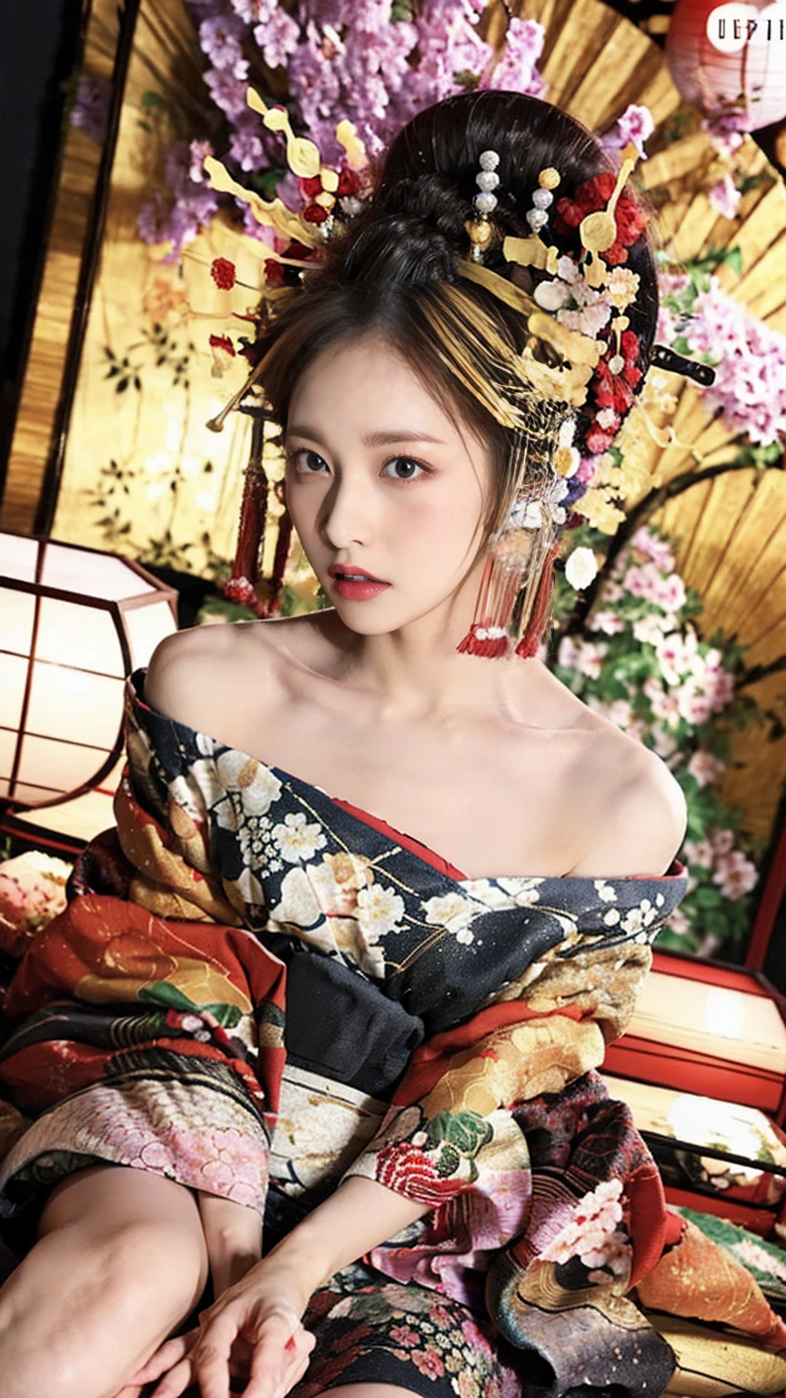 Updo, One girl, Very beautiful, very cute, Great face and eyes, (Big round eyes:1.15), Very calm look, (Highly detailed beautiful face), (Courtesan style beautiful and Cute floral kimono:1.5), (Bare shoulders:1.3), (Highest quality:1.4), (Super detailed), (Ultra-realistic, Photorealistic:1.37), Beautiful white skin, Highly detailed CG synthesis 8k wallpaper, RAW Photos, Professional photography, Cinema Lighting, Sitting, Spread your legs wide, (Groin Groove, Private area:1.2), Look at me, (Beautiful floral wallpaper), Bedroom, futon, pillow, dark Bedroom, Candlelight, Peaceful atmosphere, (Courtesan style:1.4),