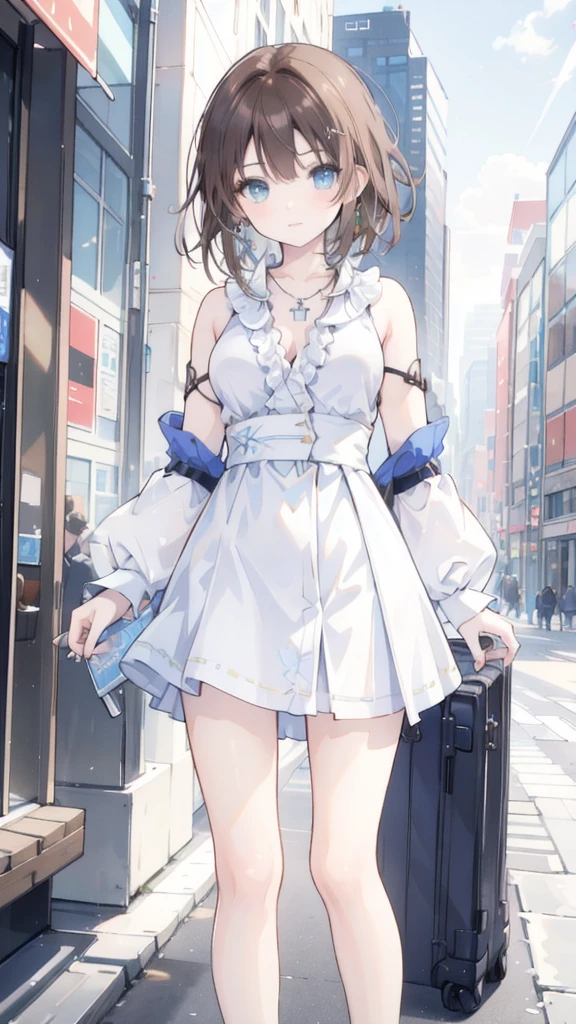 best quality,masterpiece,8k wallpaper,absurdres, highres, ultra detailed, (****ung beautiful girl, solo:1.1), yuna (ff10),heterochromia, green eyes,  brown hair, short hair, blue eyes, jewelry, ring,dress shirt,overall skirt,hand between legs,cityscape, skyscraper,east_asian_architecture, street,BREAK