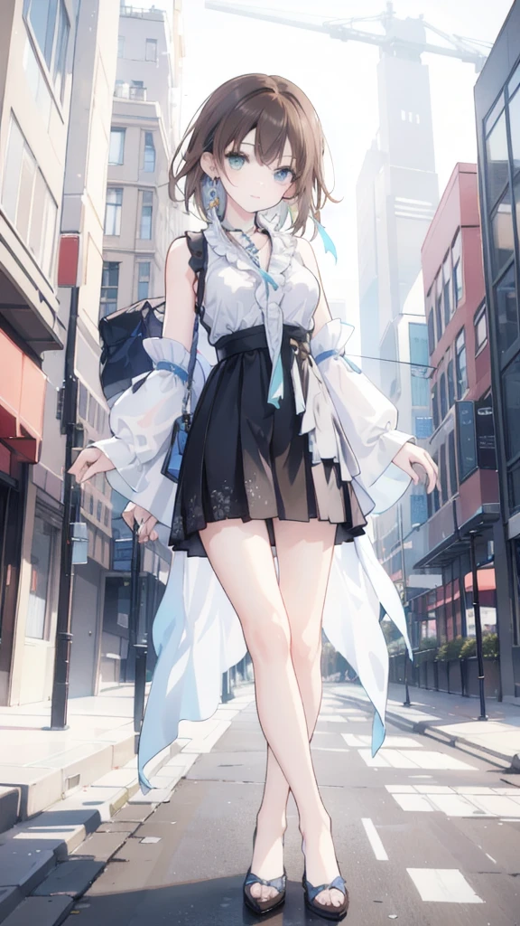 best quality,masterpiece,8k wallpaper,absurdres, highres, ultra detailed, (****ung beautiful girl, solo:1.1), yuna (ff10),heterochromia, green eyes,  brown hair, short hair, blue eyes, jewelry, ring,dress shirt,overall skirt,hand between legs,cityscape, skyscraper,east_asian_architecture, street,BREAK